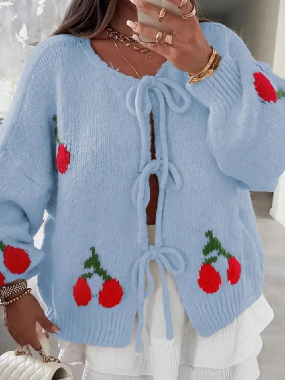 Cherry Pattern Tie-Front Oversized Cardigan, image 6