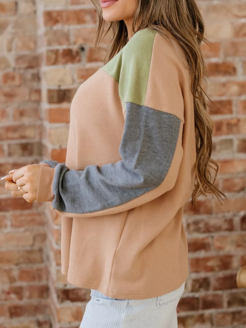 Color Block Thermal Textured Knit Drop Shoulder Henley Top, image 11