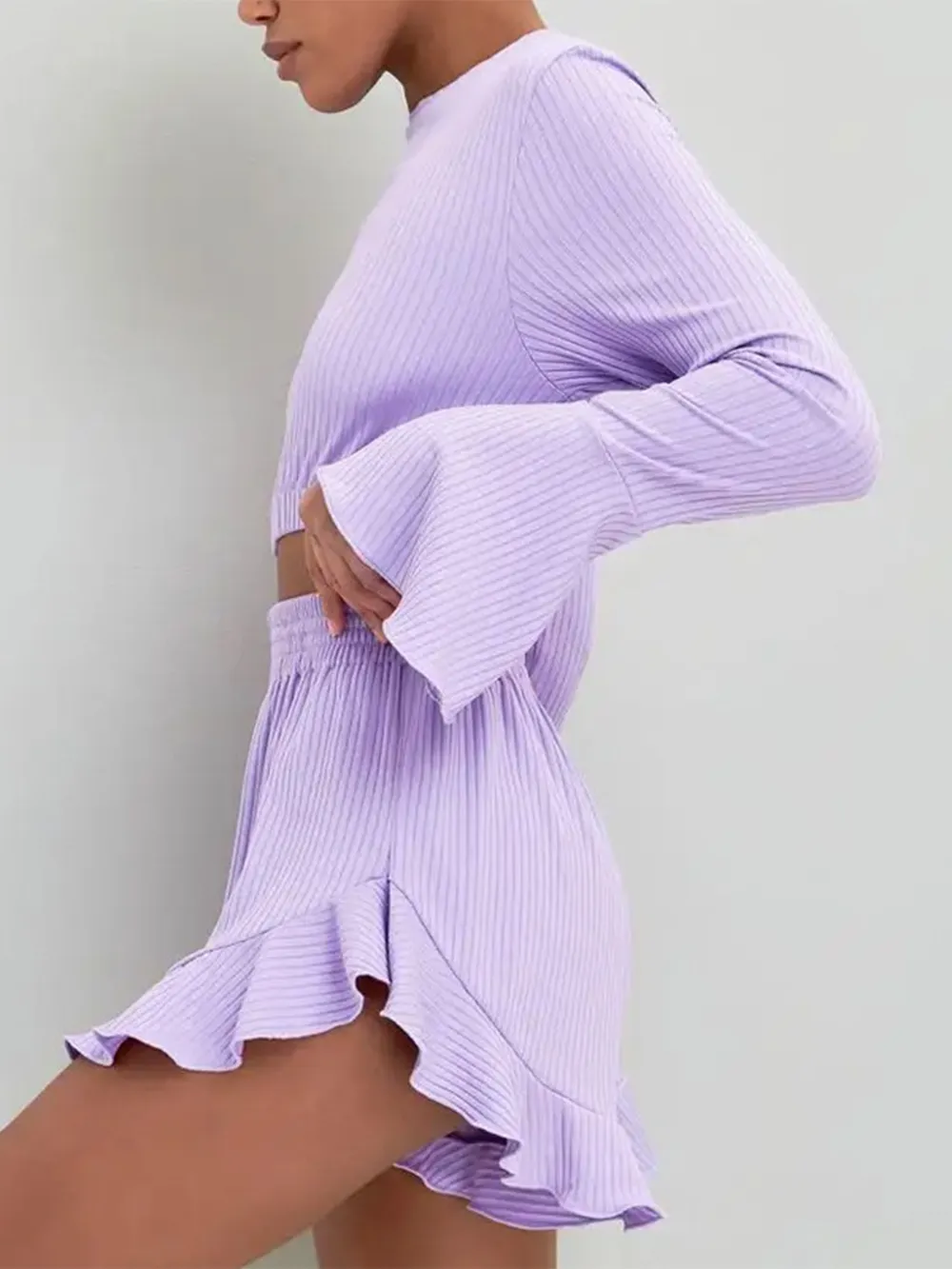 Round Neck Long Sleeve Top and Ruffled Shorts Set, image 3
