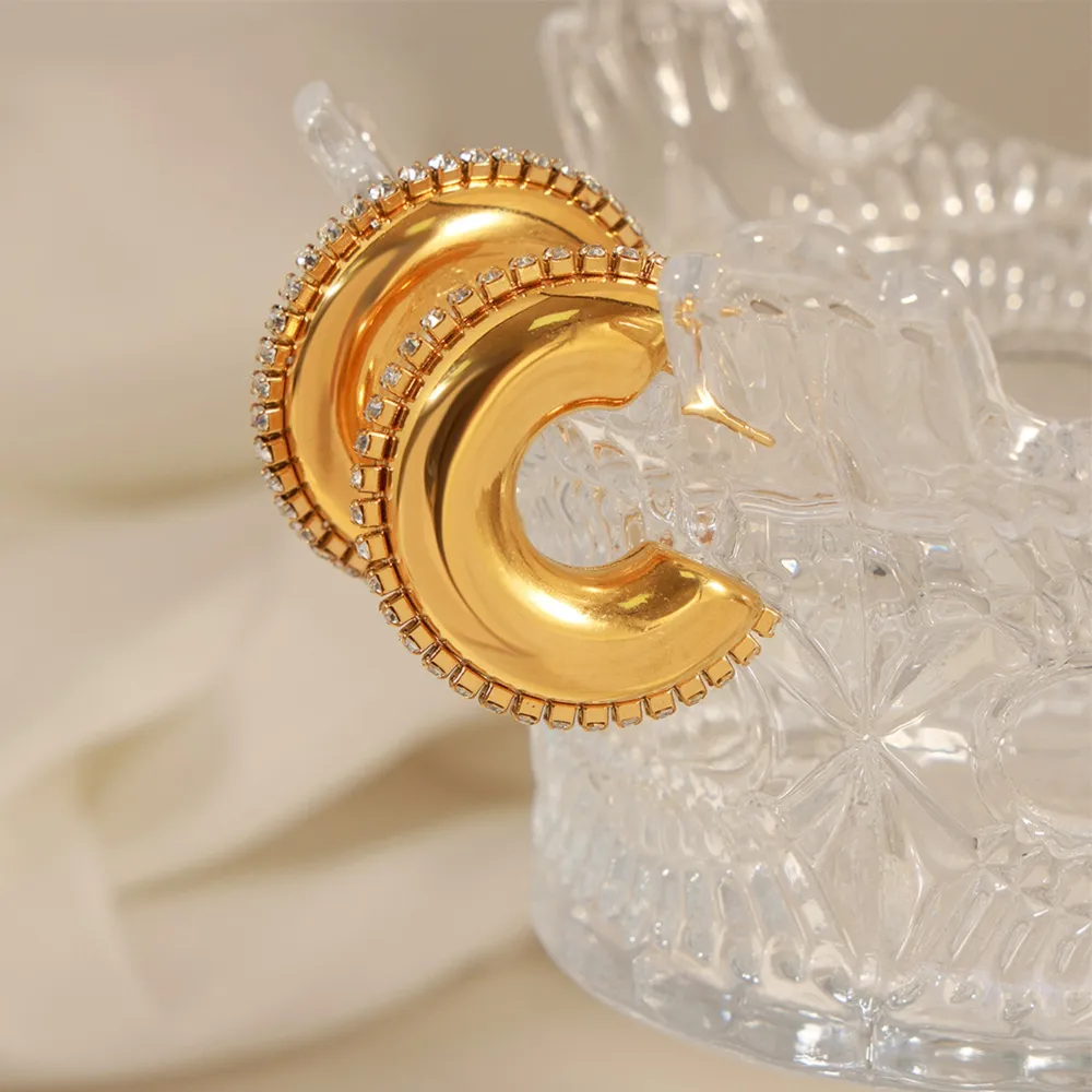 Titanium Steel Inlaid Zircon C-Hoop Earrings, image 3