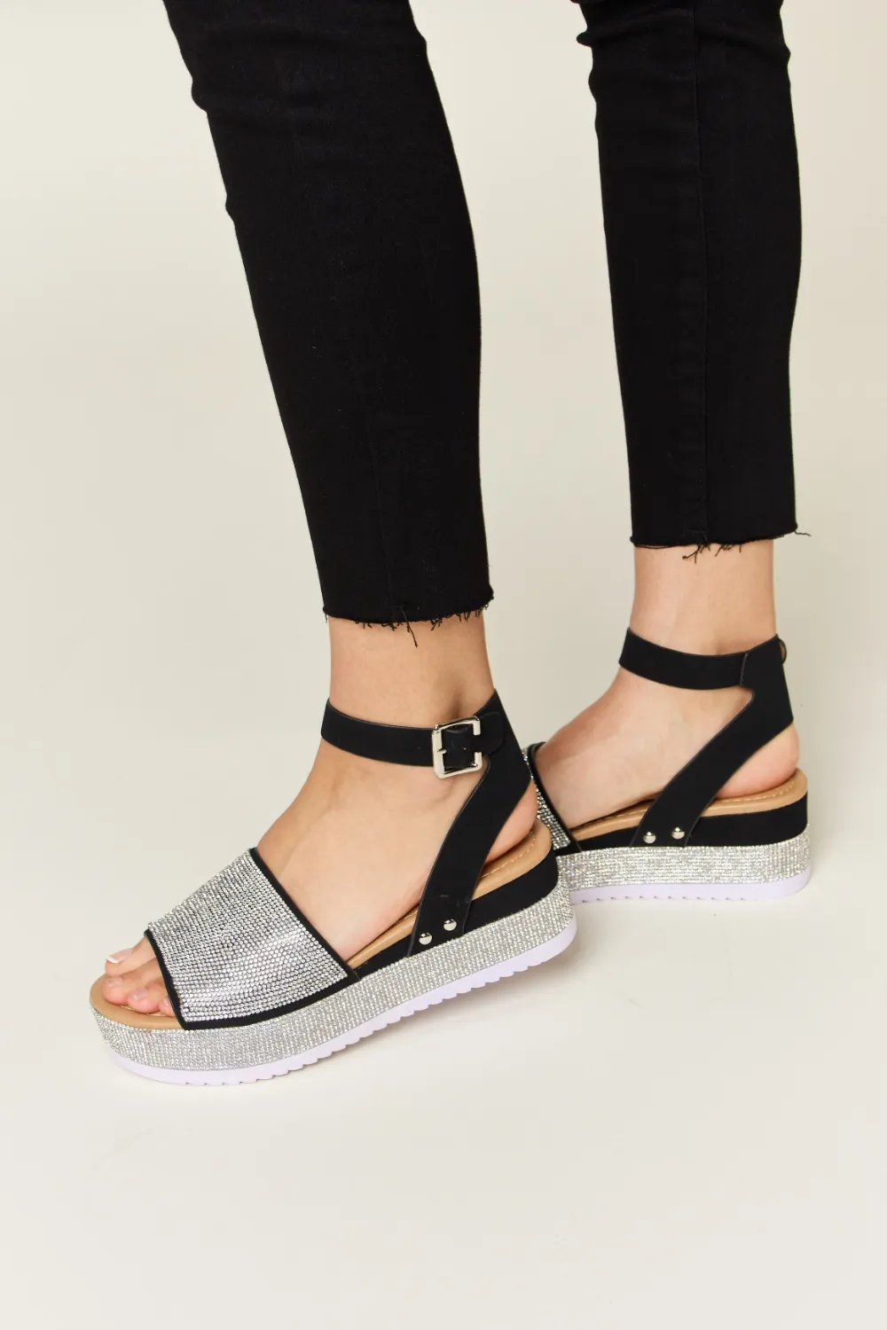 Rhinestone Buckle Strappy Wedge Sandals, image 6
