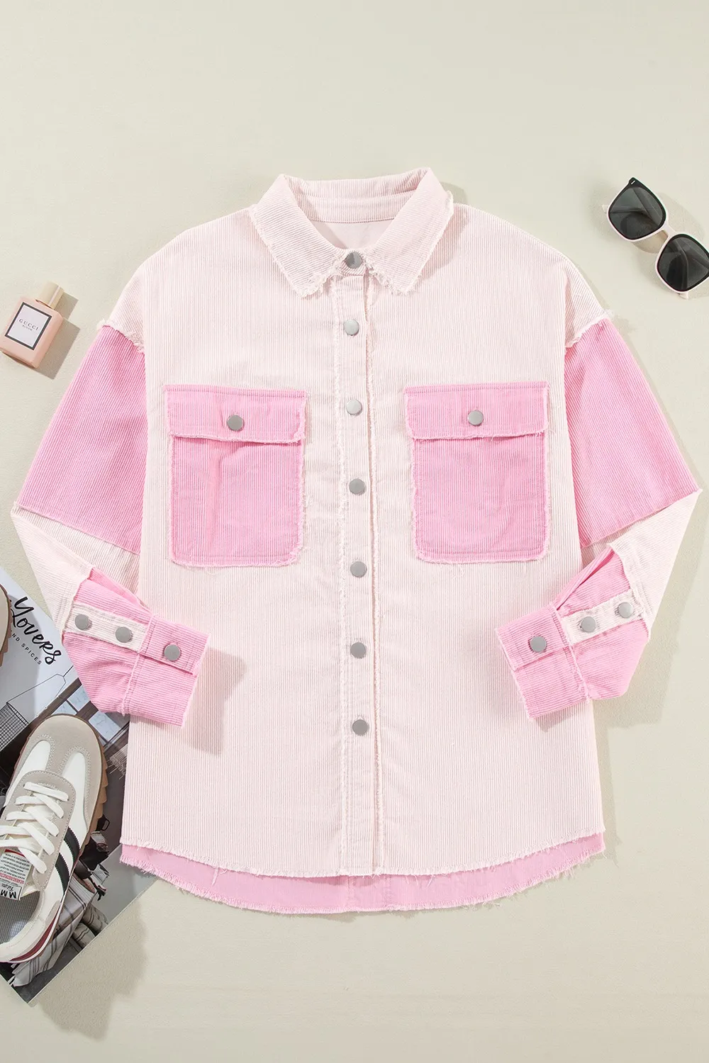 Two-tone Color Exposed Seam Corduroy Shacket, image 11