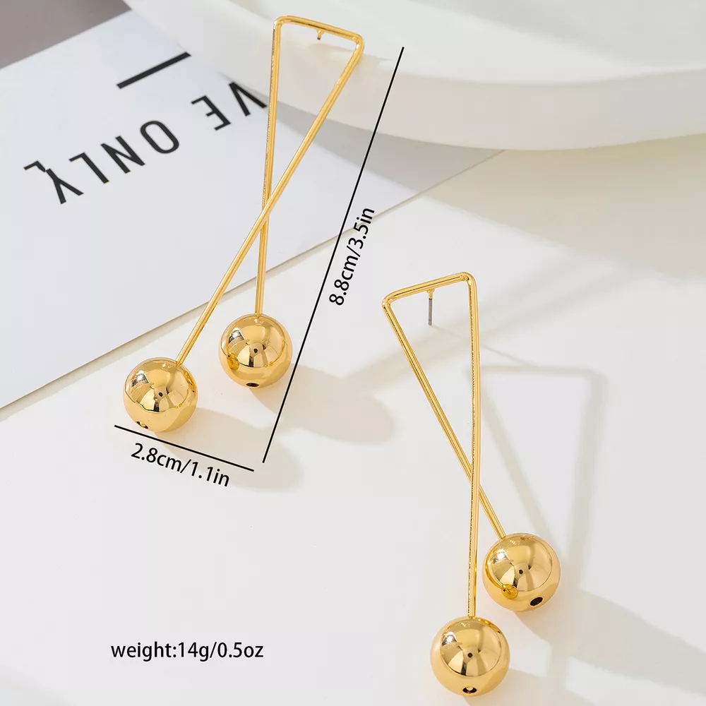 Modern Geometric Triangle Gold Ball Drop Earrings, image 3