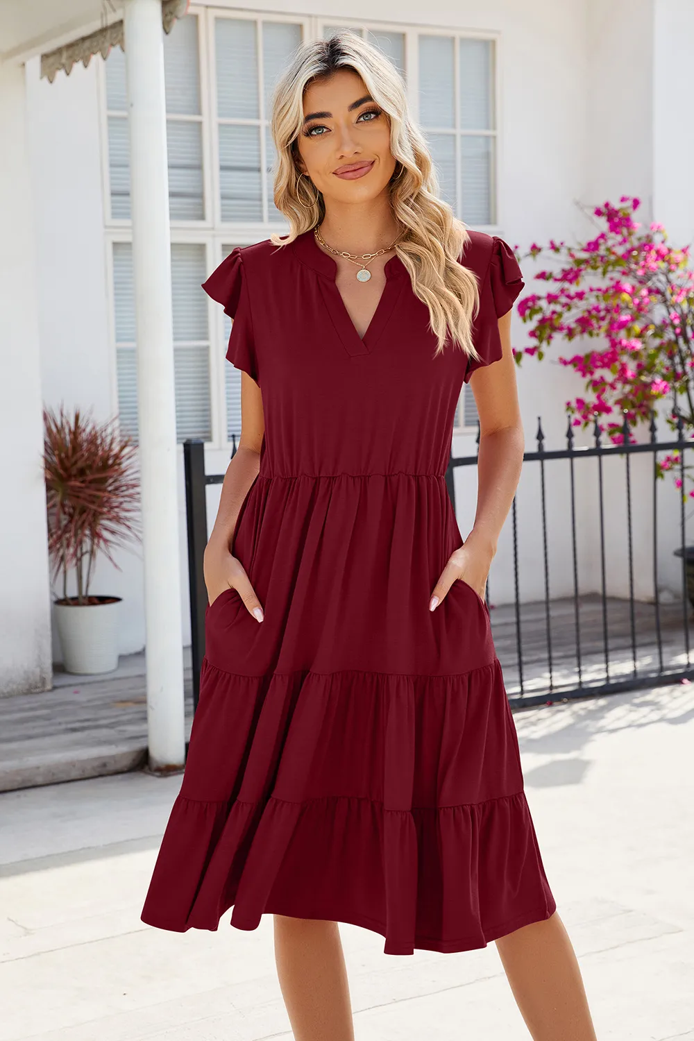 Ruched Notched Cap Sleeve Dress, image 21