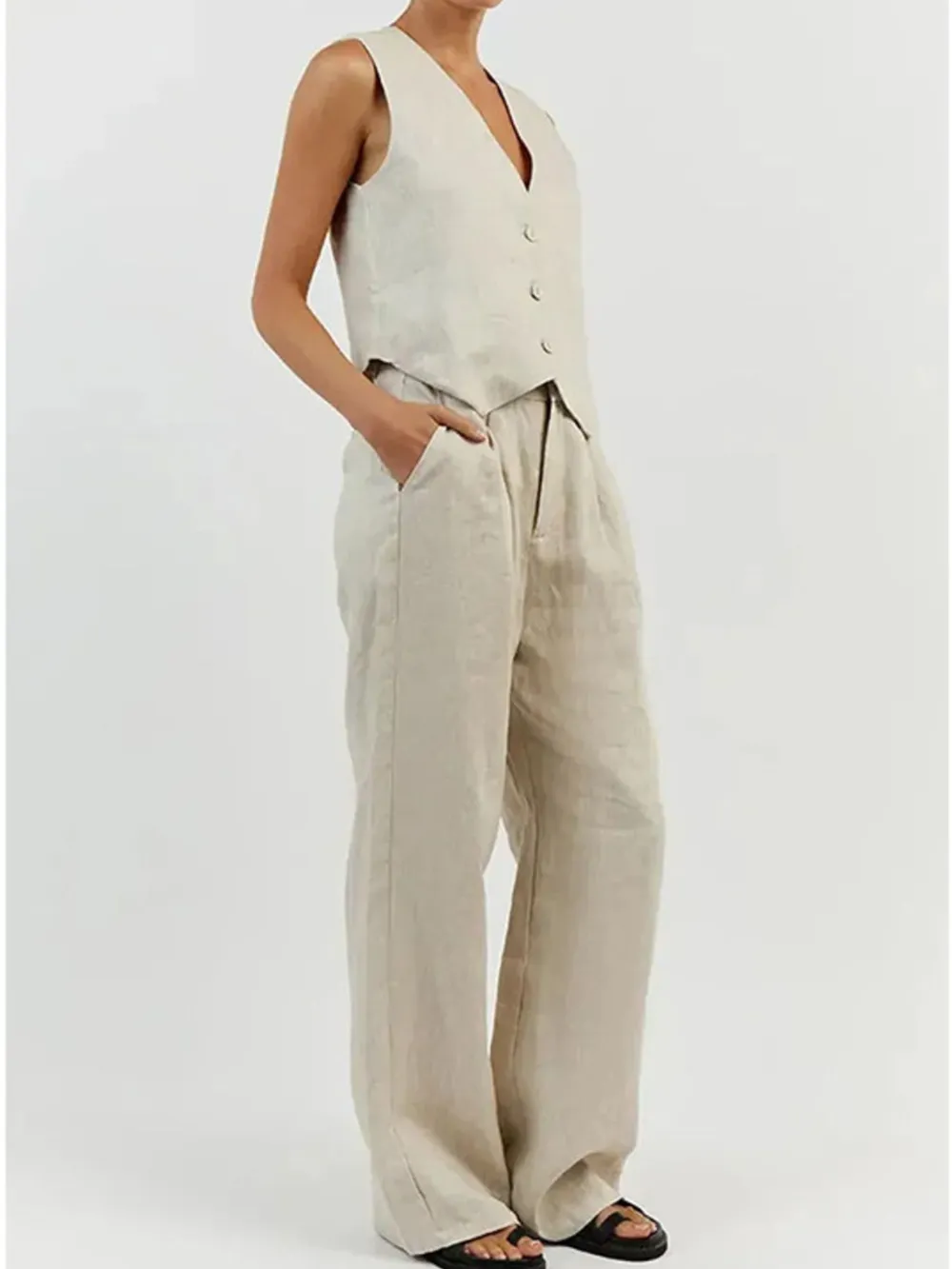 Full Size V-Neck Vest and Wide Leg Pants Set Plus Size, image 4