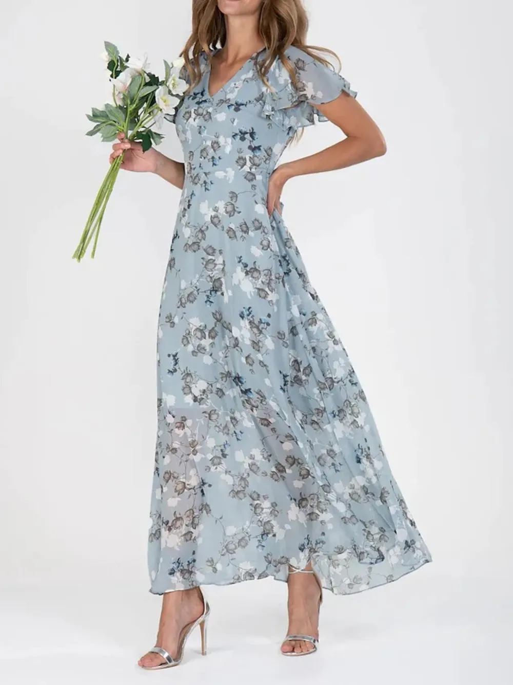 Floral V-Neck Flutter Sleeve Maxi Dress, image 3