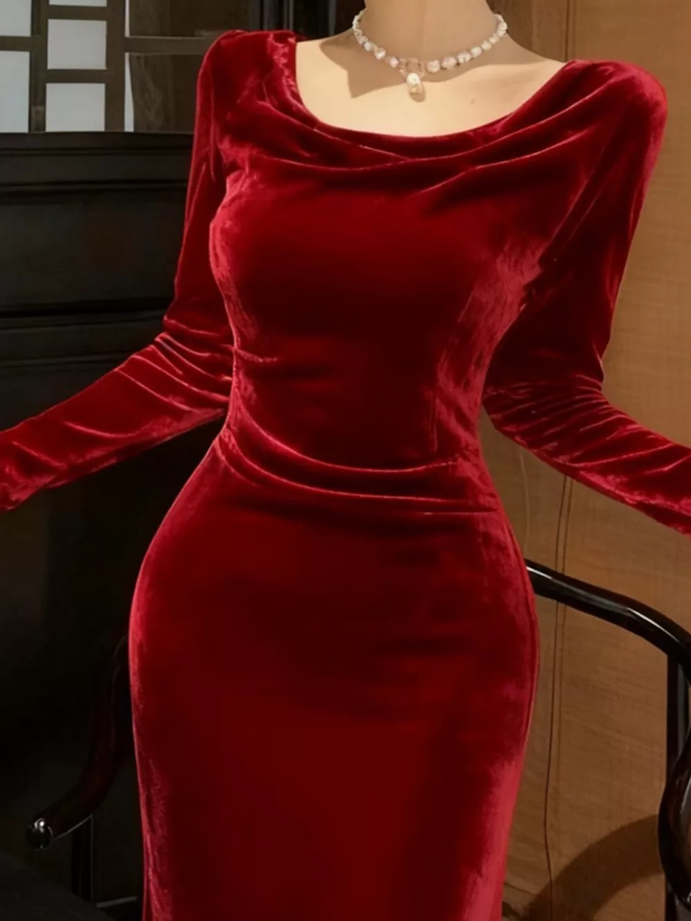 Velvet Cowl Neck Long Sleeve Midi Dress, image 6