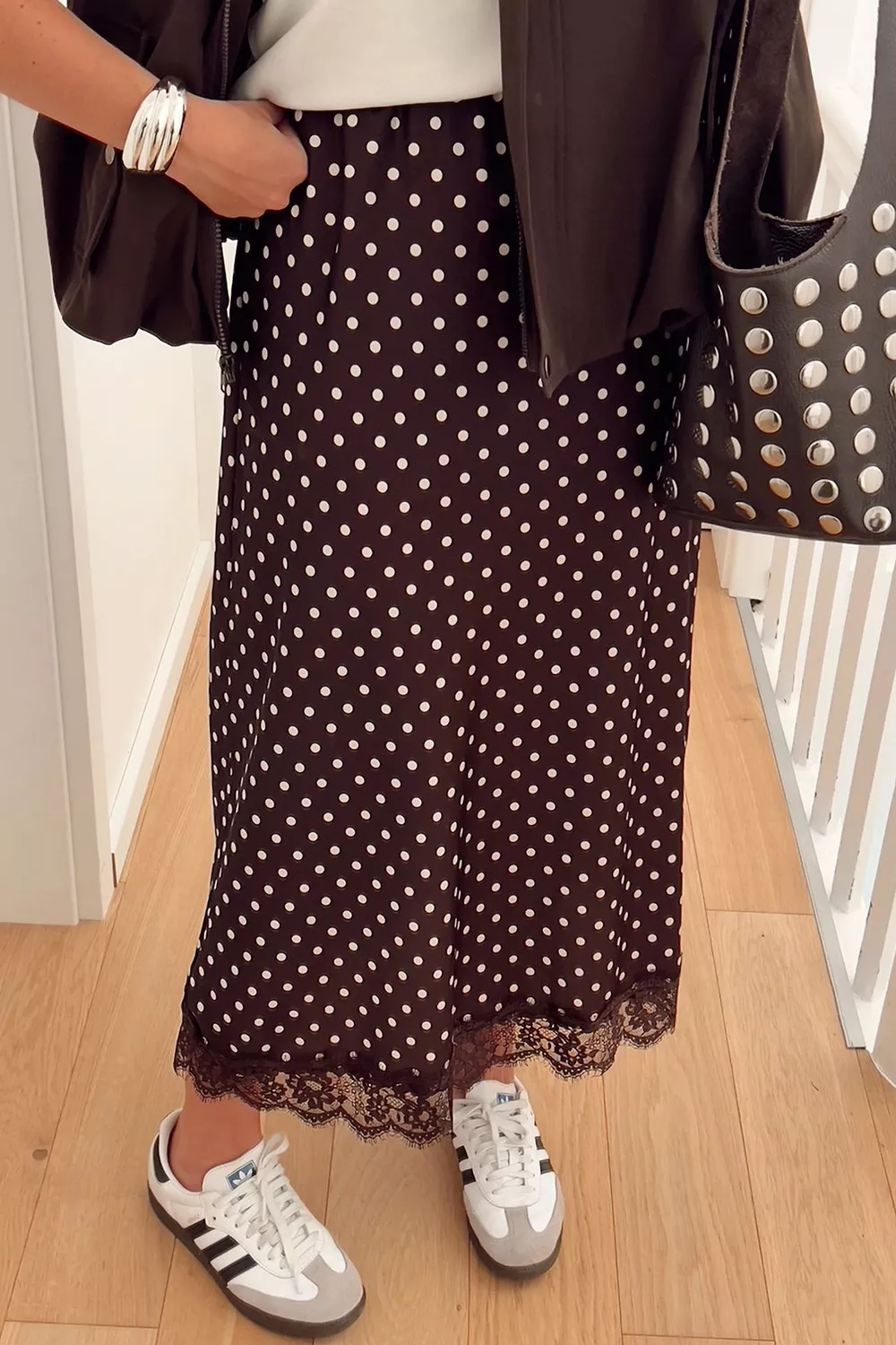 Polka Dot Lace Hem Elegant Long Shift Skirt, image 2