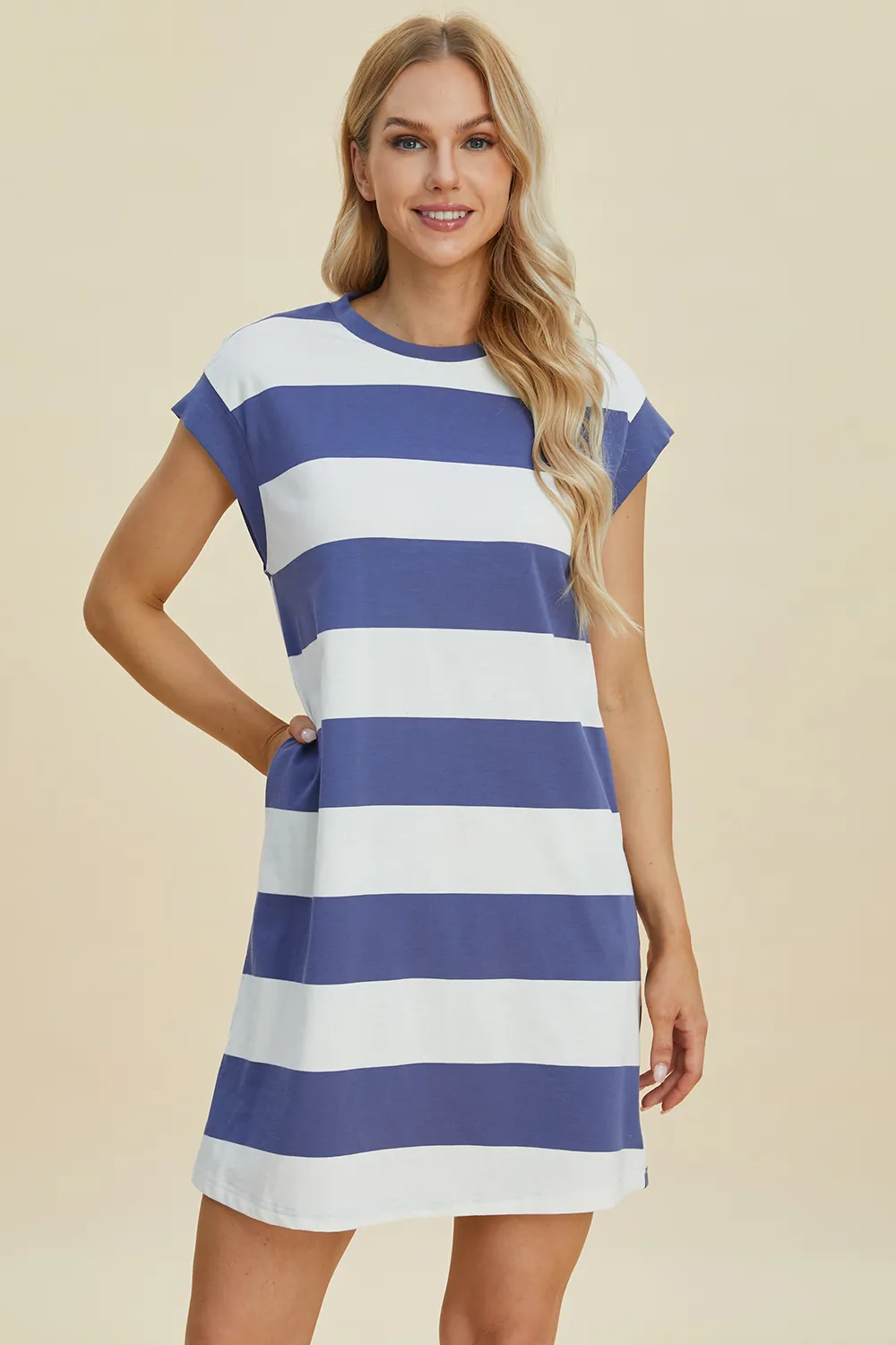 Full Size Striped Round Neck Cap Sleeve Mini Dress, image 17
