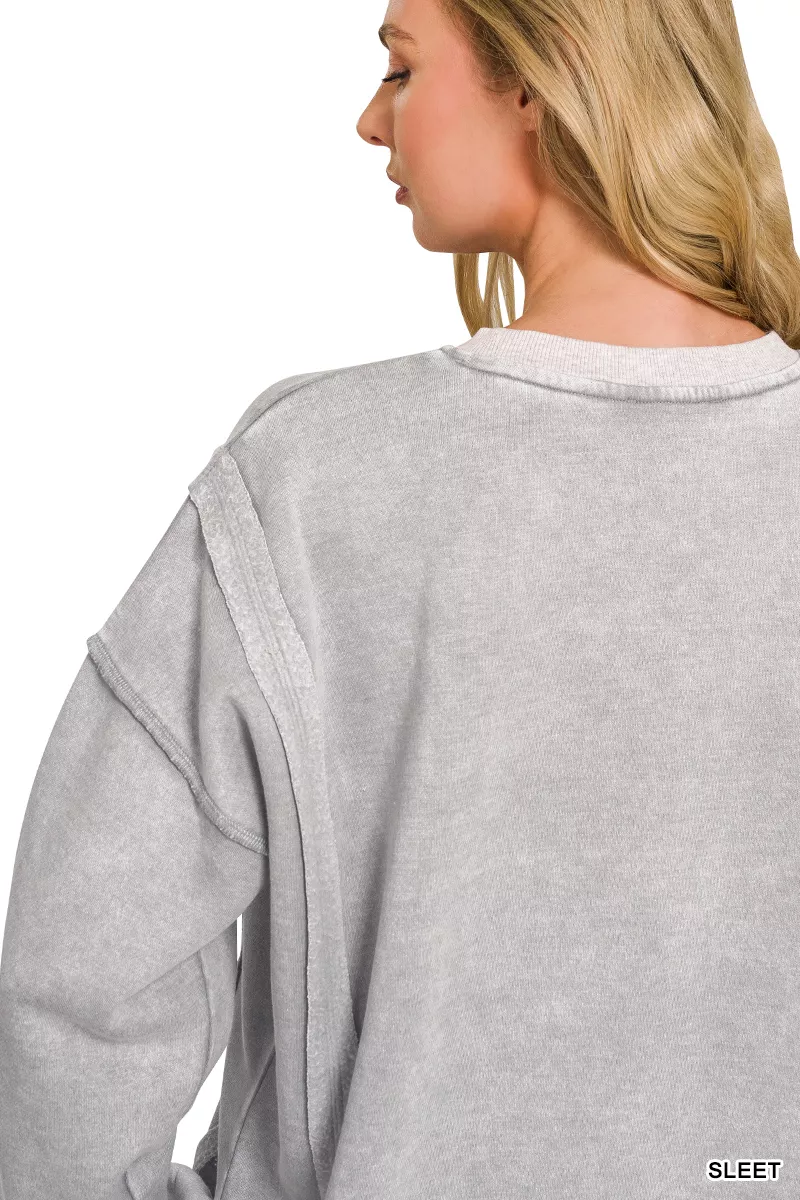 Fleece Acid Washed Contrast Trim Pullover, image 3
