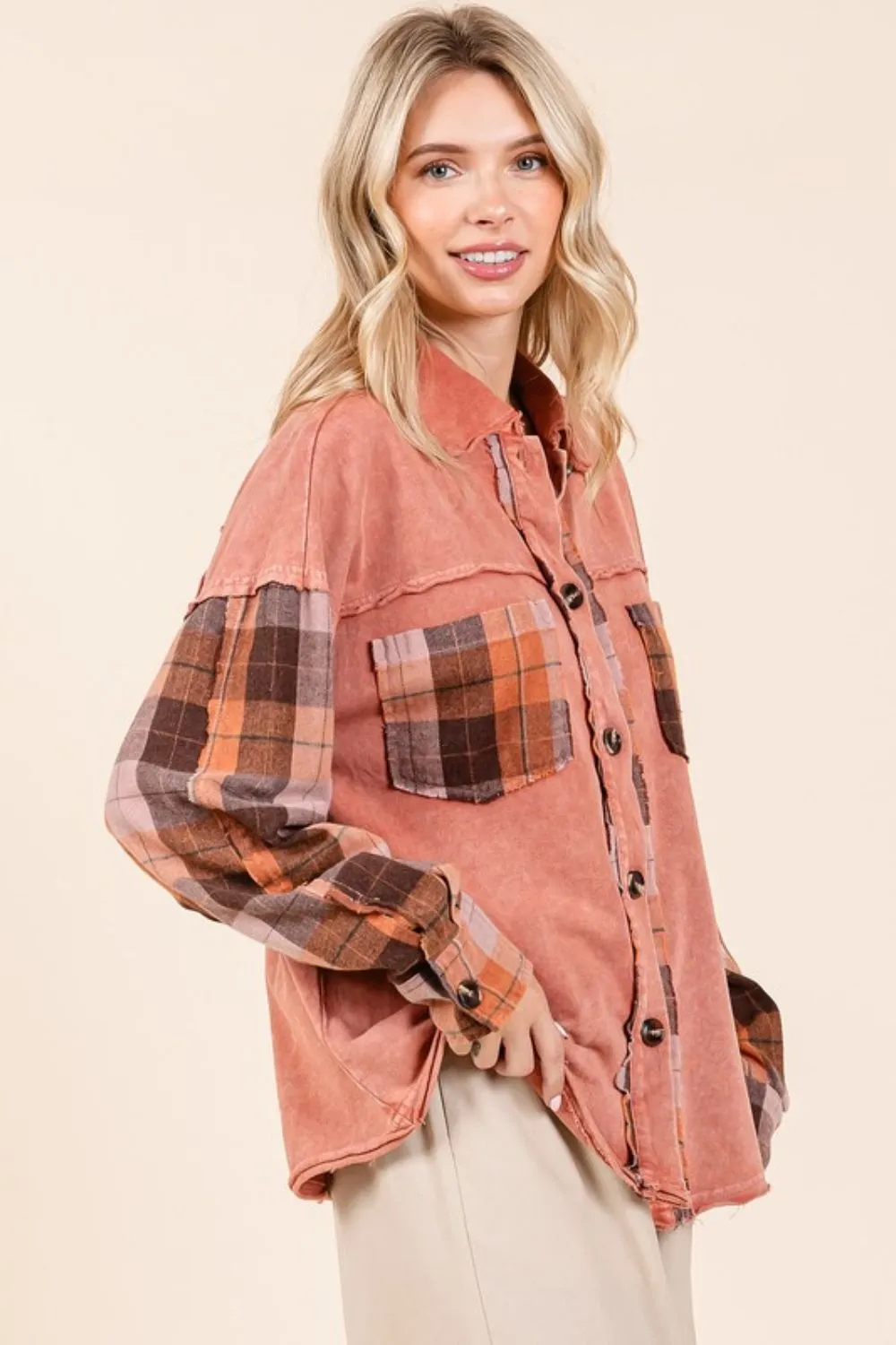 Button Down Contrast Plaid Patchwork Shacket, image 5