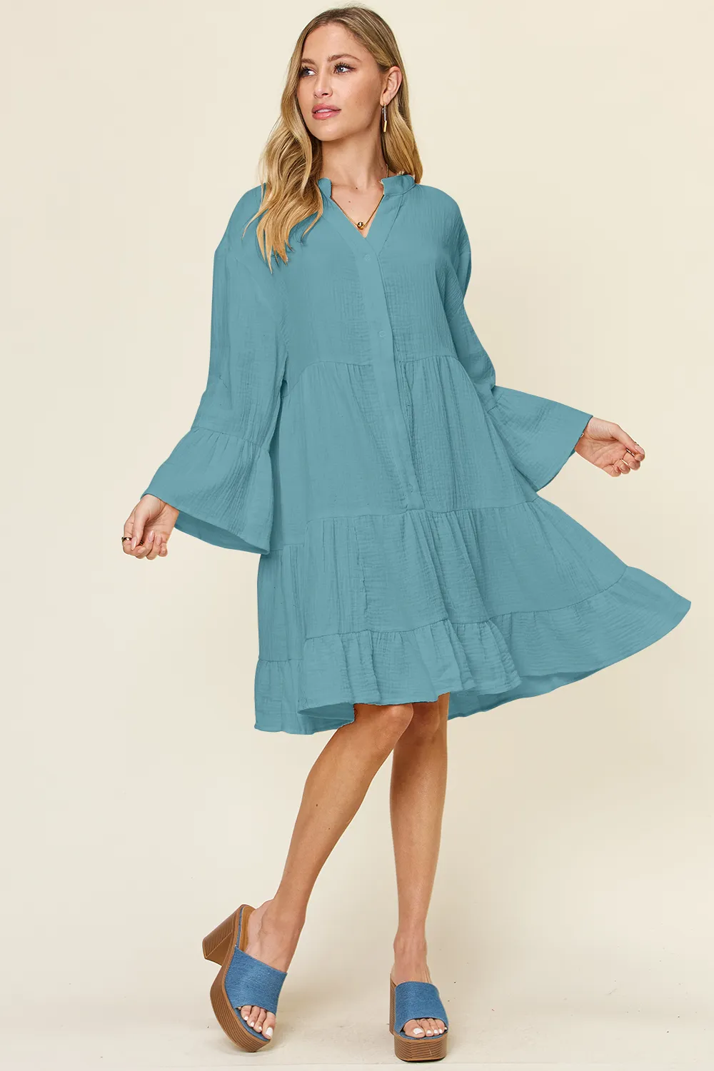 Full Size Texture Button Up Ruffle Hem Dress, image 6