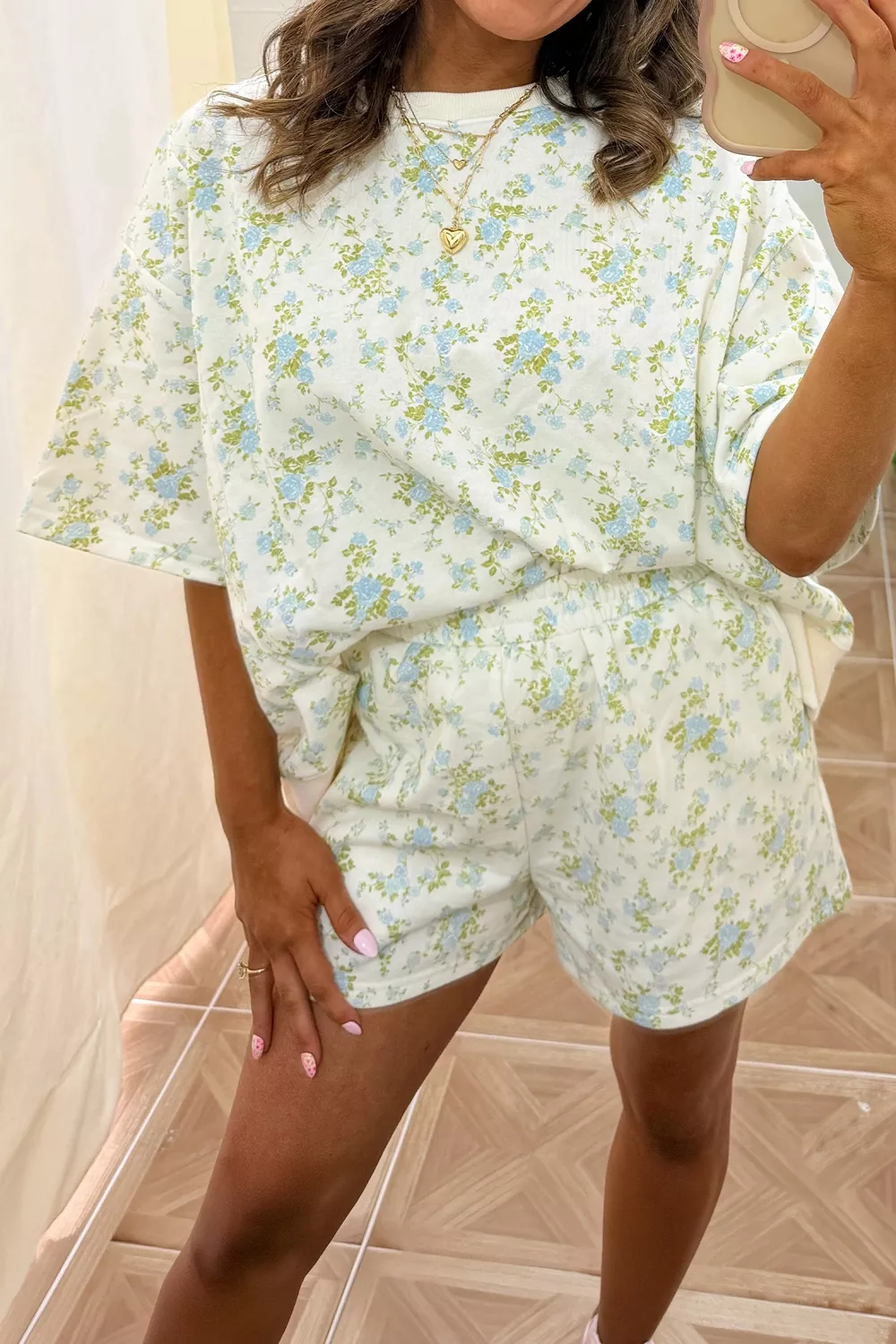Floral Print Long Sleeve Shift Top Pocketed Shorts 2pcs Set, image 3