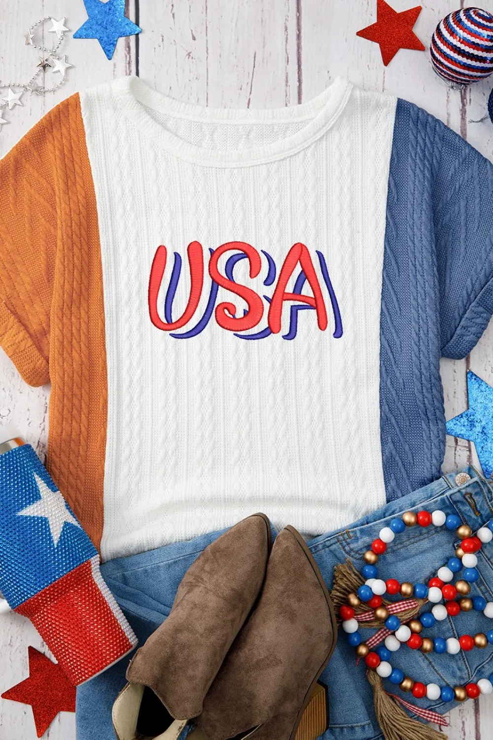 USA Embroidered Cable Textured Knit Cuffed Sleeve Color Block Tee, image 3