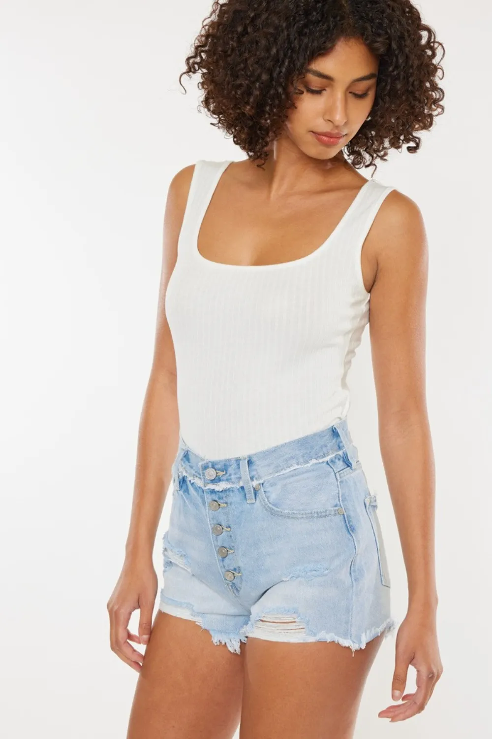 Distressed Button Fly Denim Shorts, image 3