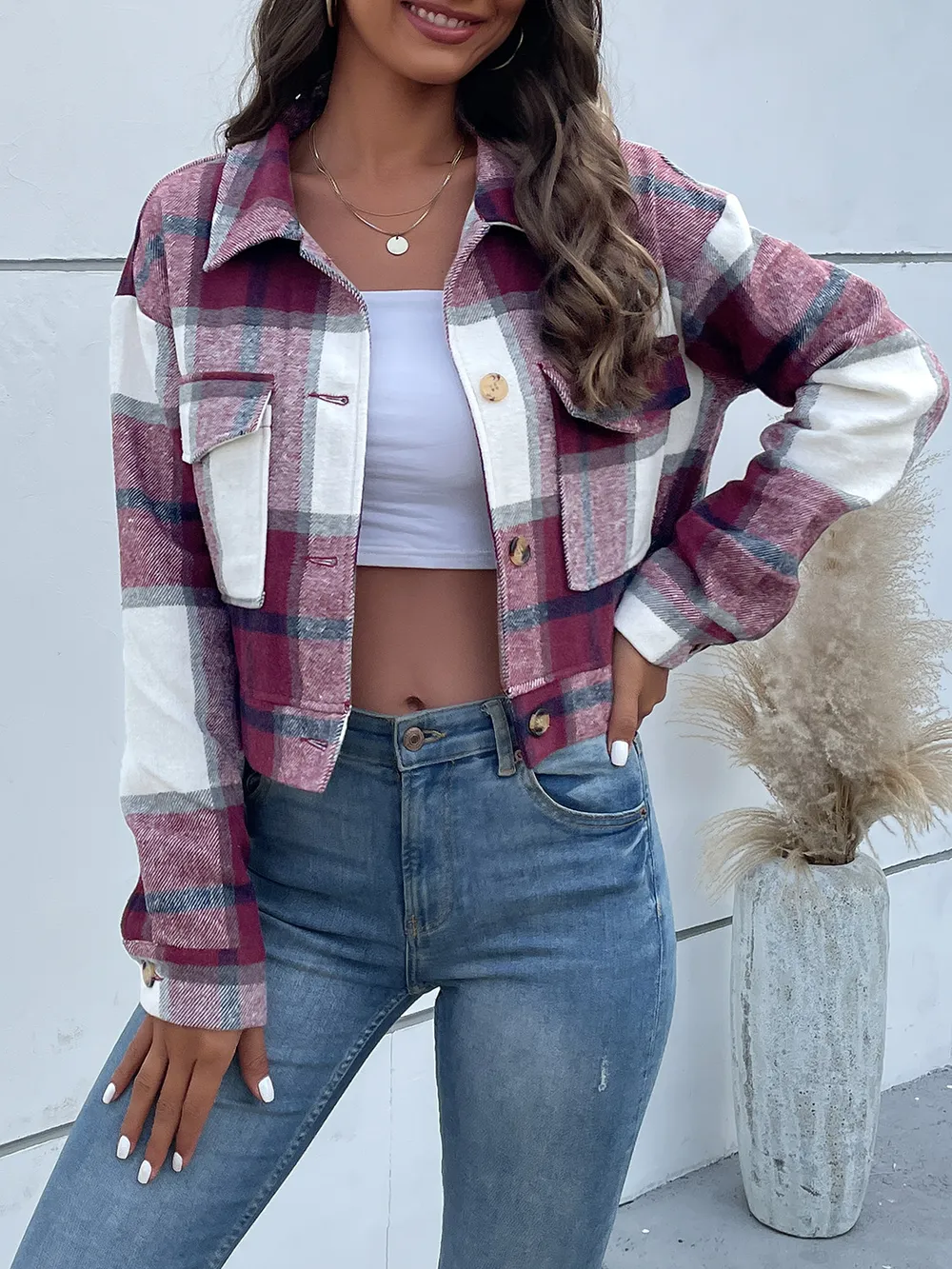 Plaid Button Up Drop Shoulder Cropped Jacket, image 28
