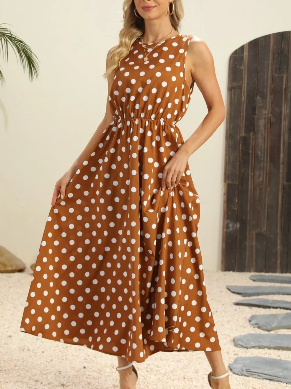 Polka Dot Round Neck Sleeveless Midi Dress, image 7