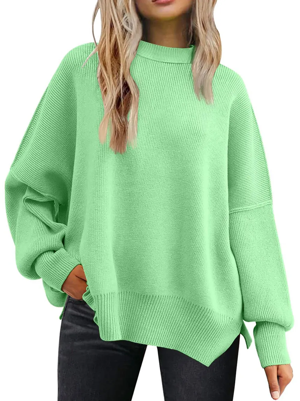 Slit Round Neck Dropped Shoulder Sweater, image 26