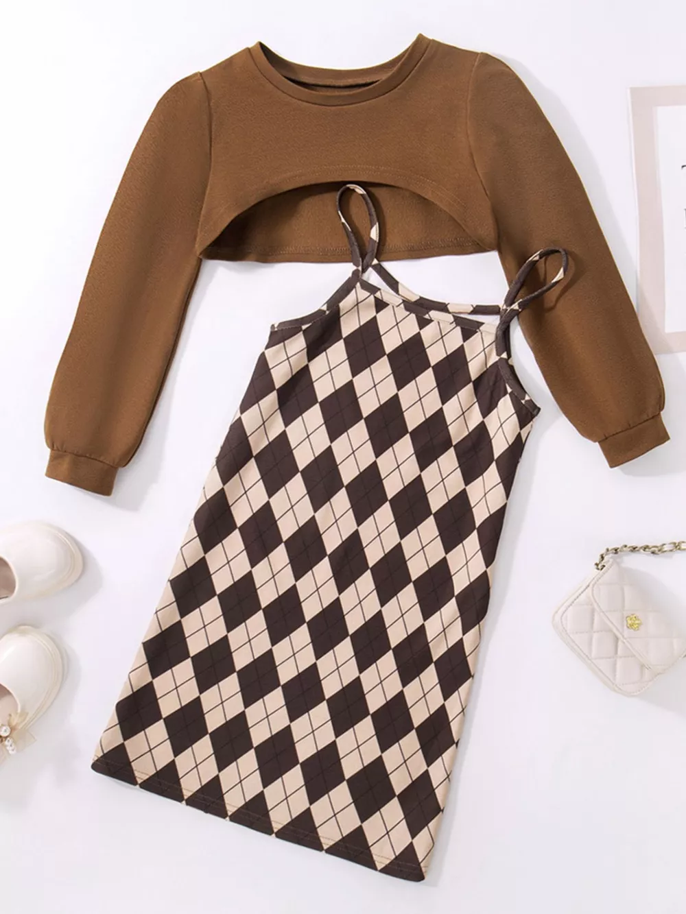 Children's Plaid Print Long Sleeve Dress Set, image 4