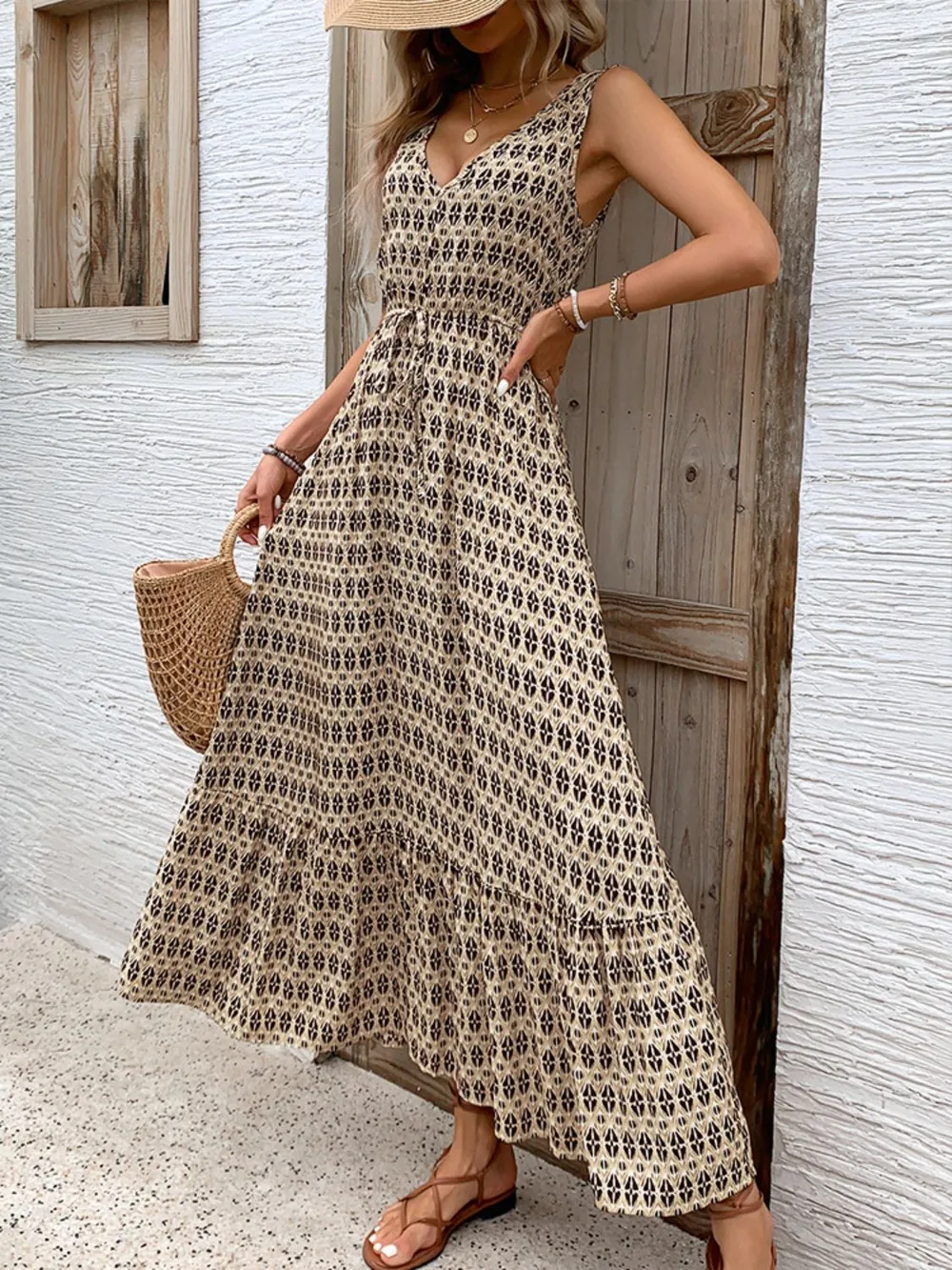 Printed V-Neck Tie Waist Midi Dress, image 13