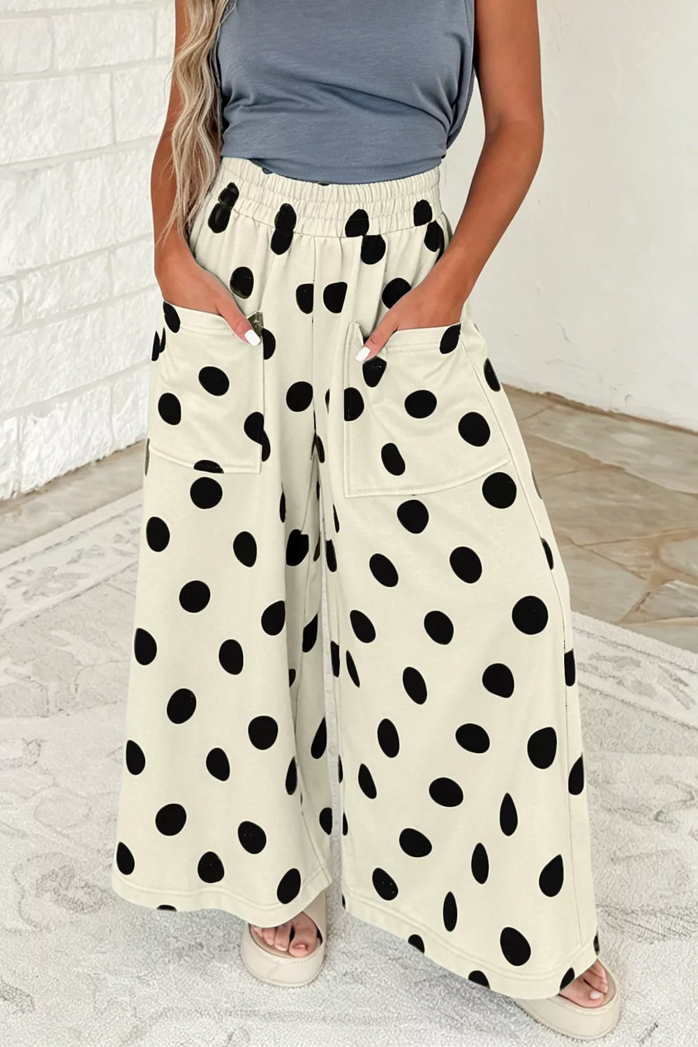 Polka Dot Wide Leg Elastic Waist Casual Pants, image 2