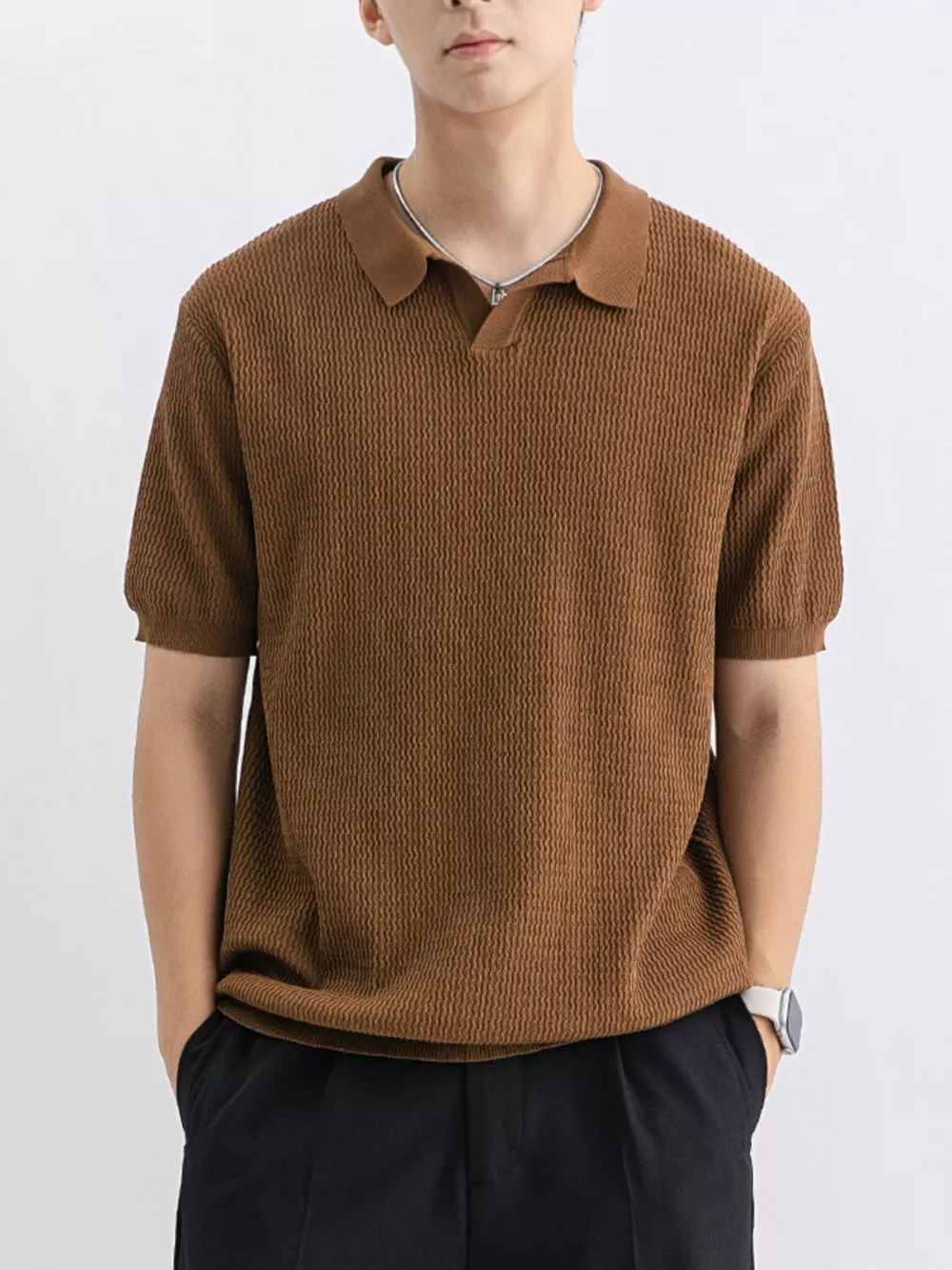 Men's Plus Size Textured Knit Short Sleeve Polo, image 10