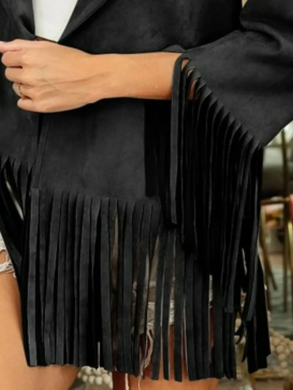 Suede Single Blazer with Fringed Hem, image 2