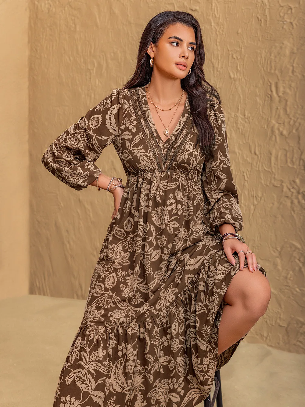 Ruched Printed V-Neck Long Sleeve Midi Dress, image 5