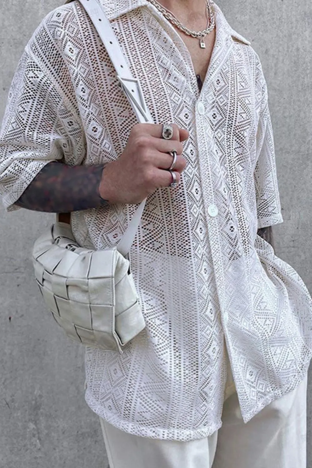Men's Full Size Lace Half Sleeve Button Down Shirt Plus Size, image 2