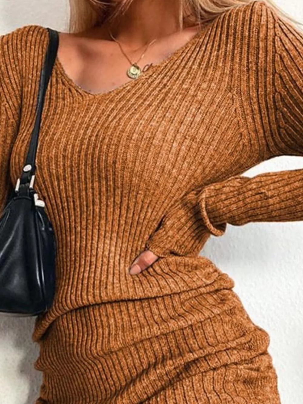 Full Size Ribbed Knit Drawstring Bodycon Sweater Dress Plus Size, image 17