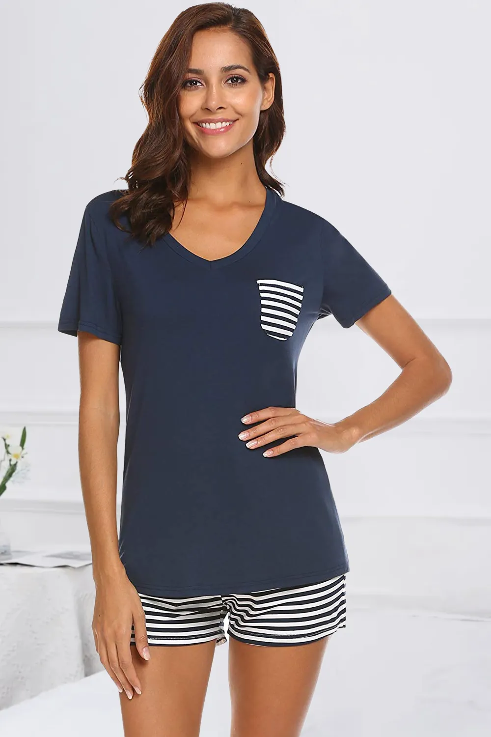 Striped Short Sleeve Top and Shorts Lounge Set, image 18