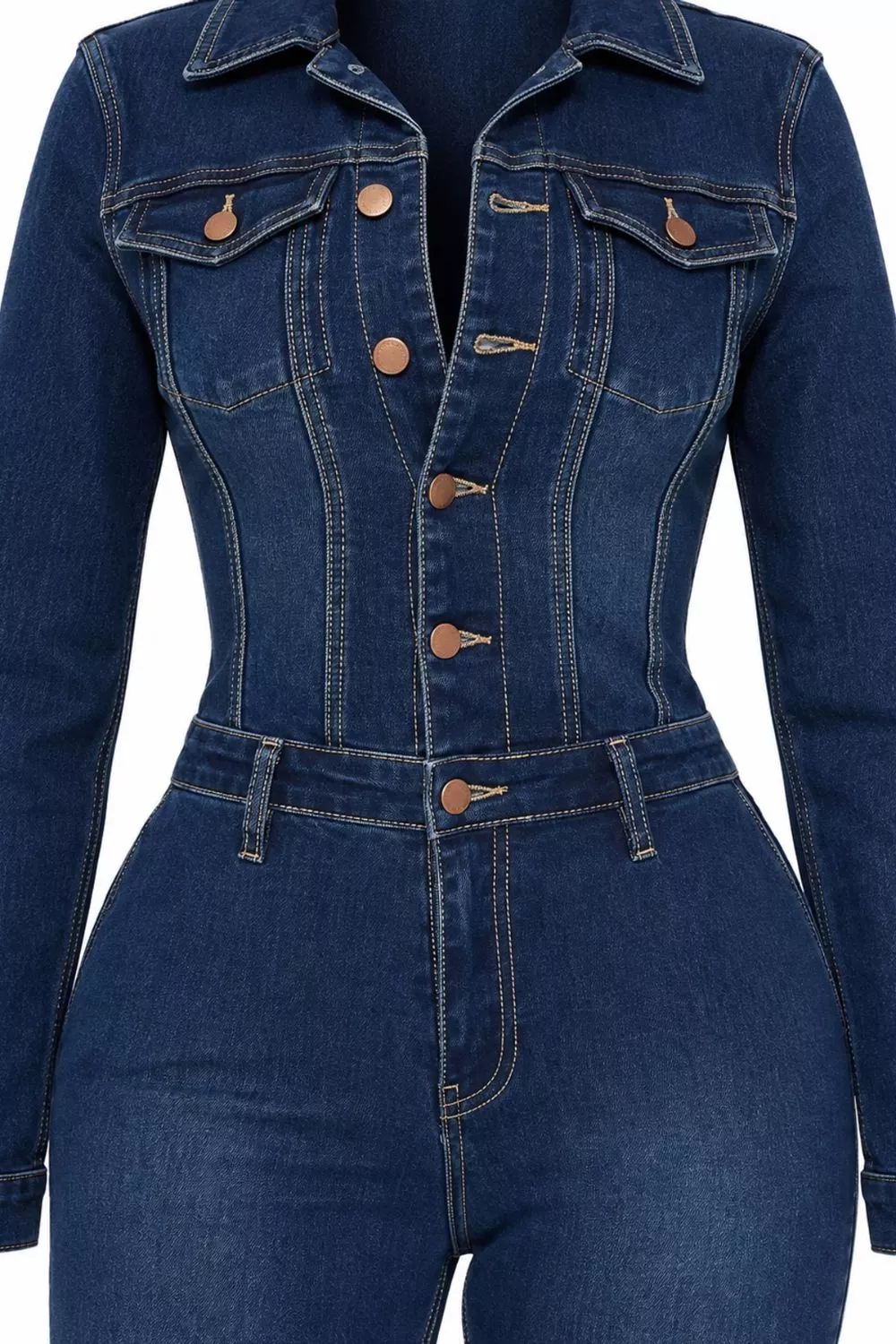 Slim-Fit Long Sleeve Denim Jumpsuit with Flared Legs, image 9