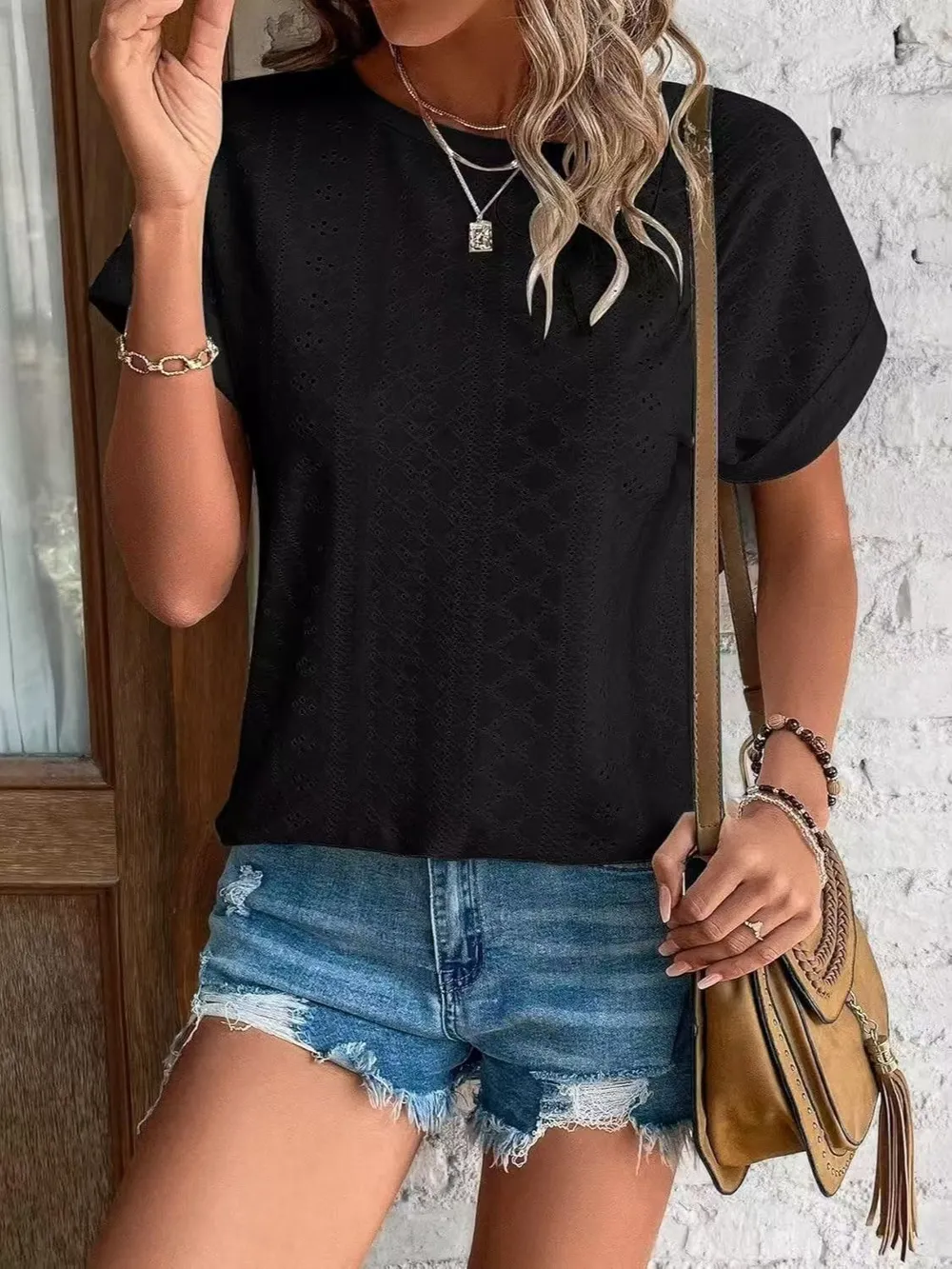 Eyelet Round Neck Short Sleeve T-Shirt, image 16