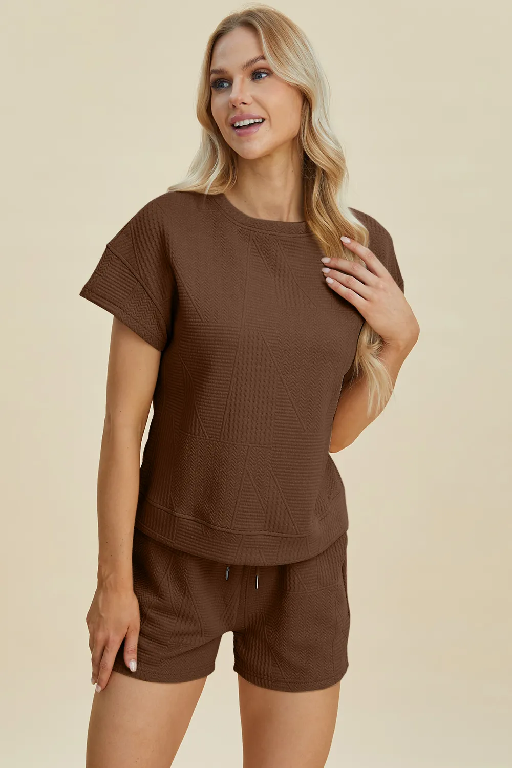 Full Size Texture Short Sleeve Top and Shorts Set, image 30