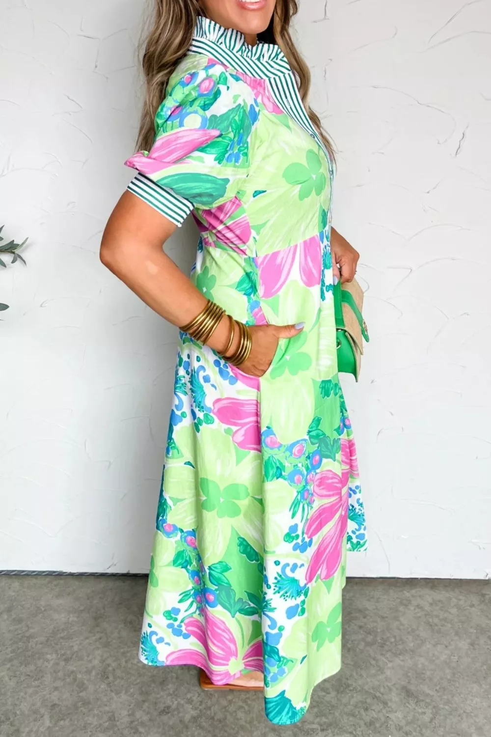 Floral Print Button-Up Midi Dress with Puff Sleeves, image 4
