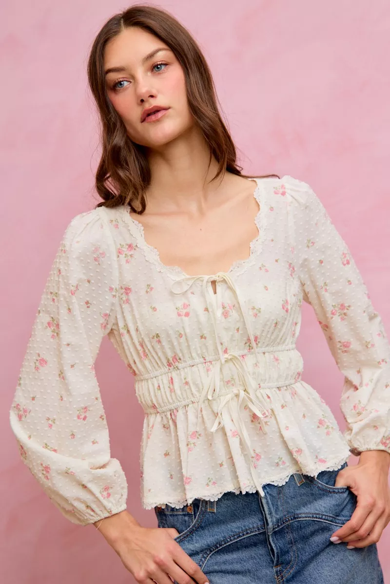 Floral Clip Dot Lace Trim Ruched Bodice Blouse, image 18