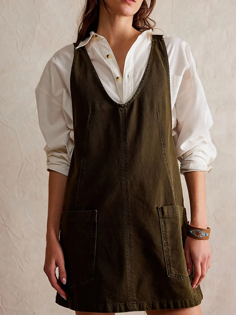 Oversized V-Neck Denim Tank Dress with Front Pockets
