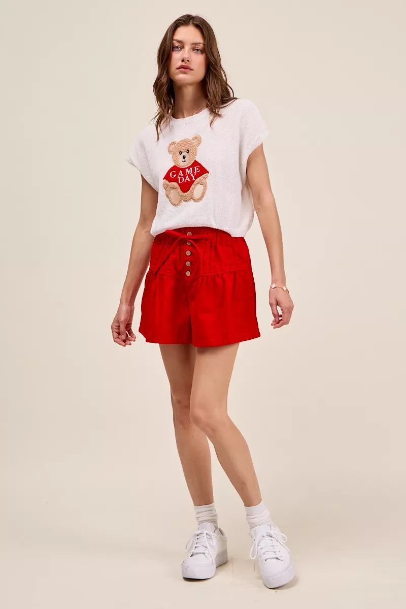 Solid Twill Denim Pintucked Buttoned Shorts With Waist Tie, image 6