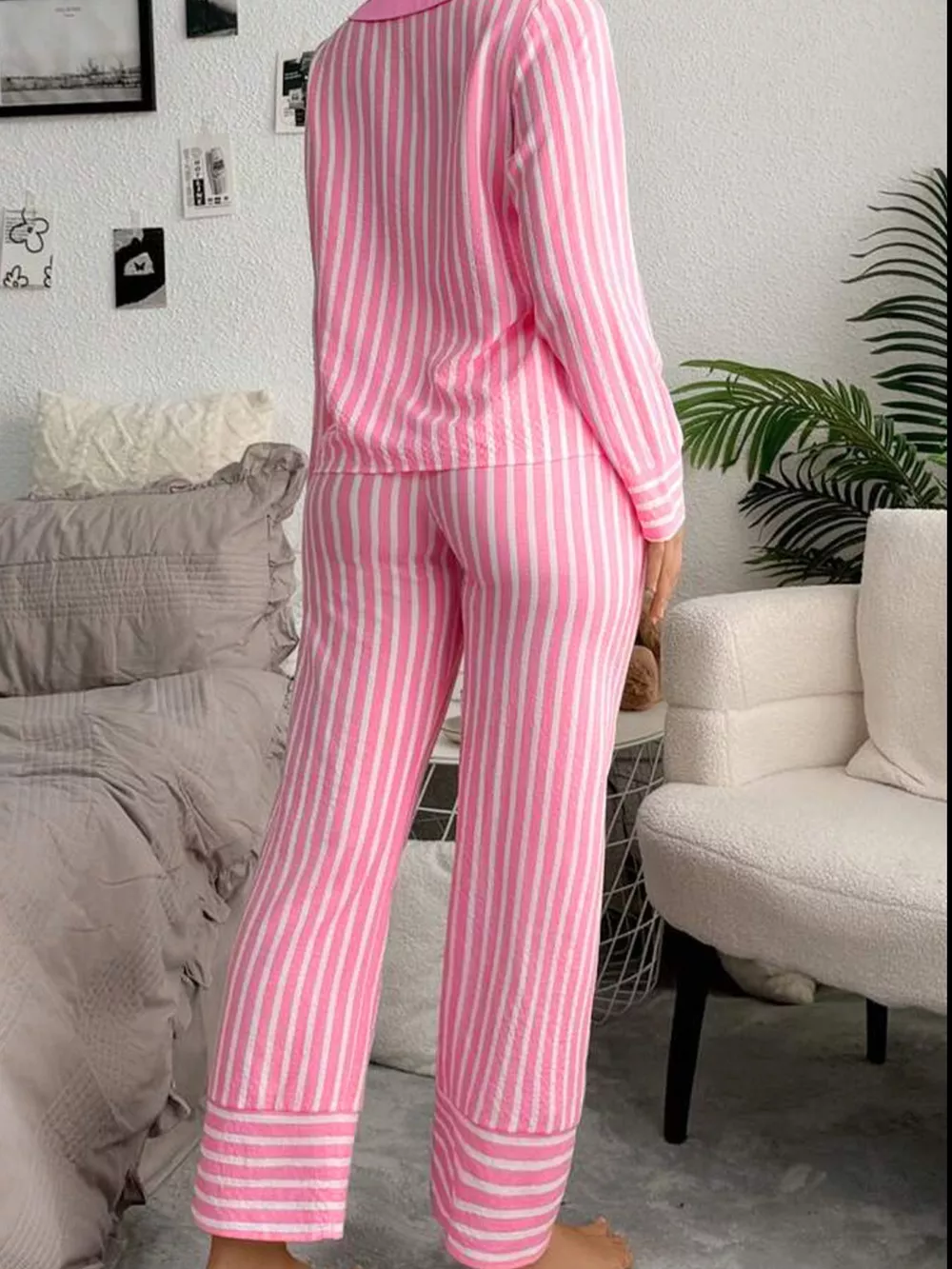 Stripe Buttoned Front Long Sleeve Top and Pants 2 Piece Sleepwear, image 3