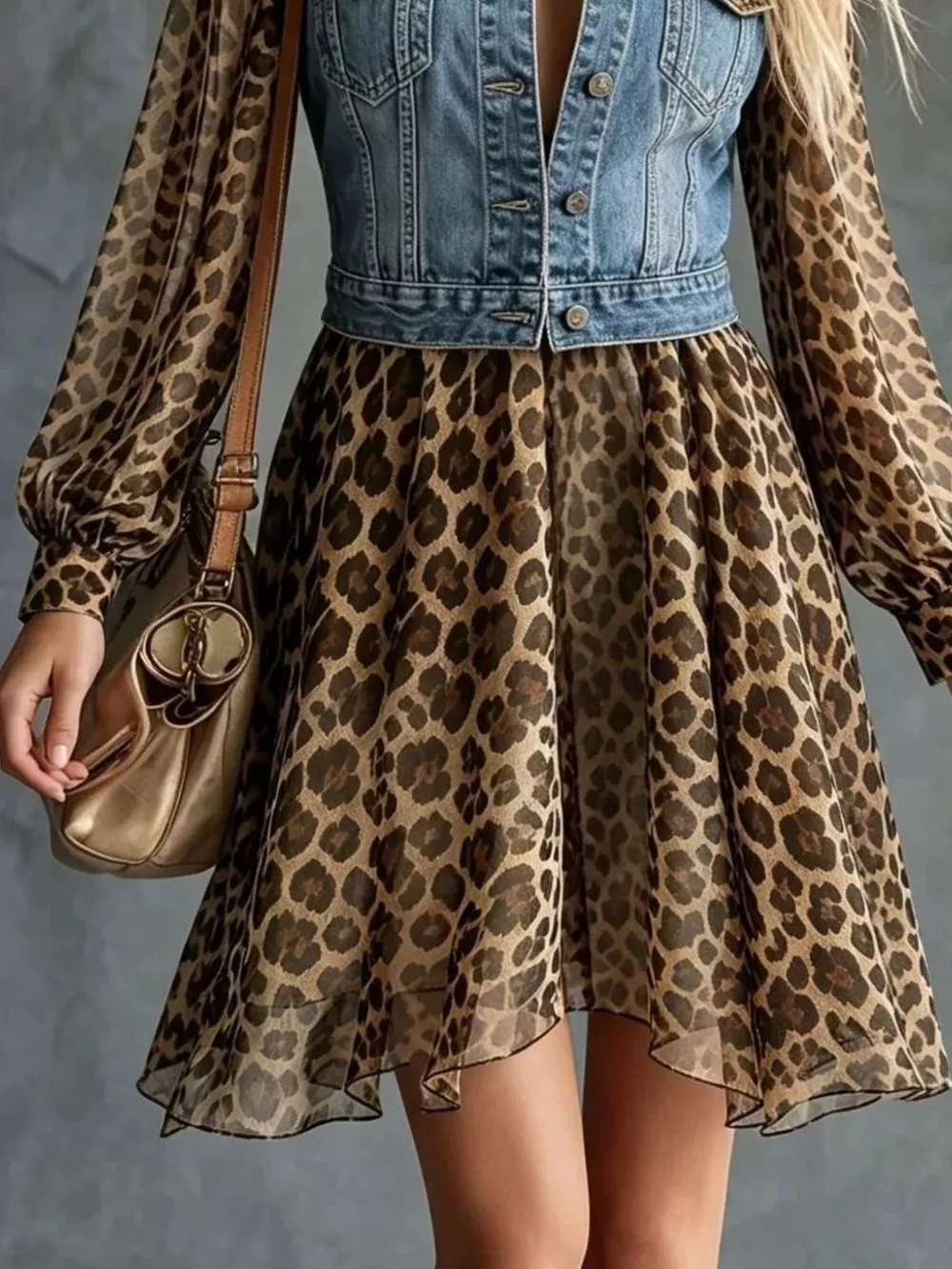 Full Size Denim Leopard Patchwork Mini Dress Plus Size, image 3