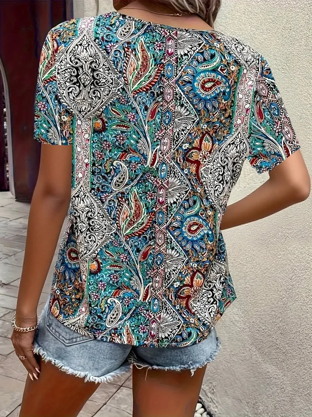 Bohemian Paisley Print V-Neck Short Sleeve T-Shirt, image 5