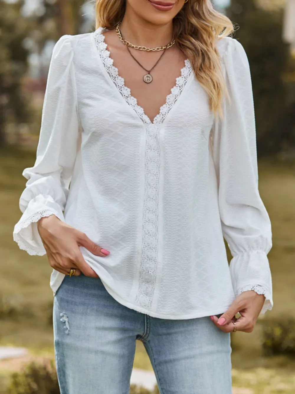 Lace Trim V-Neck Blouse with Flounce Sleeves, image 2