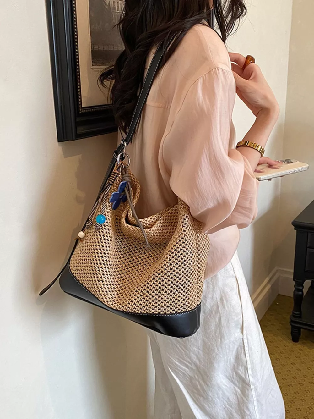 Leather Trim Woven Shoulder Bag, image 8