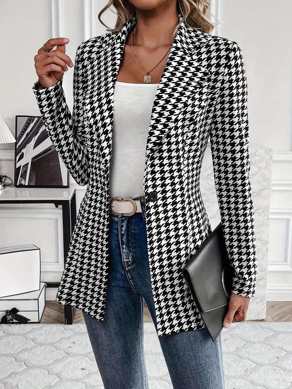 Houndstooth Print Lapel Collar Blazer, image 5