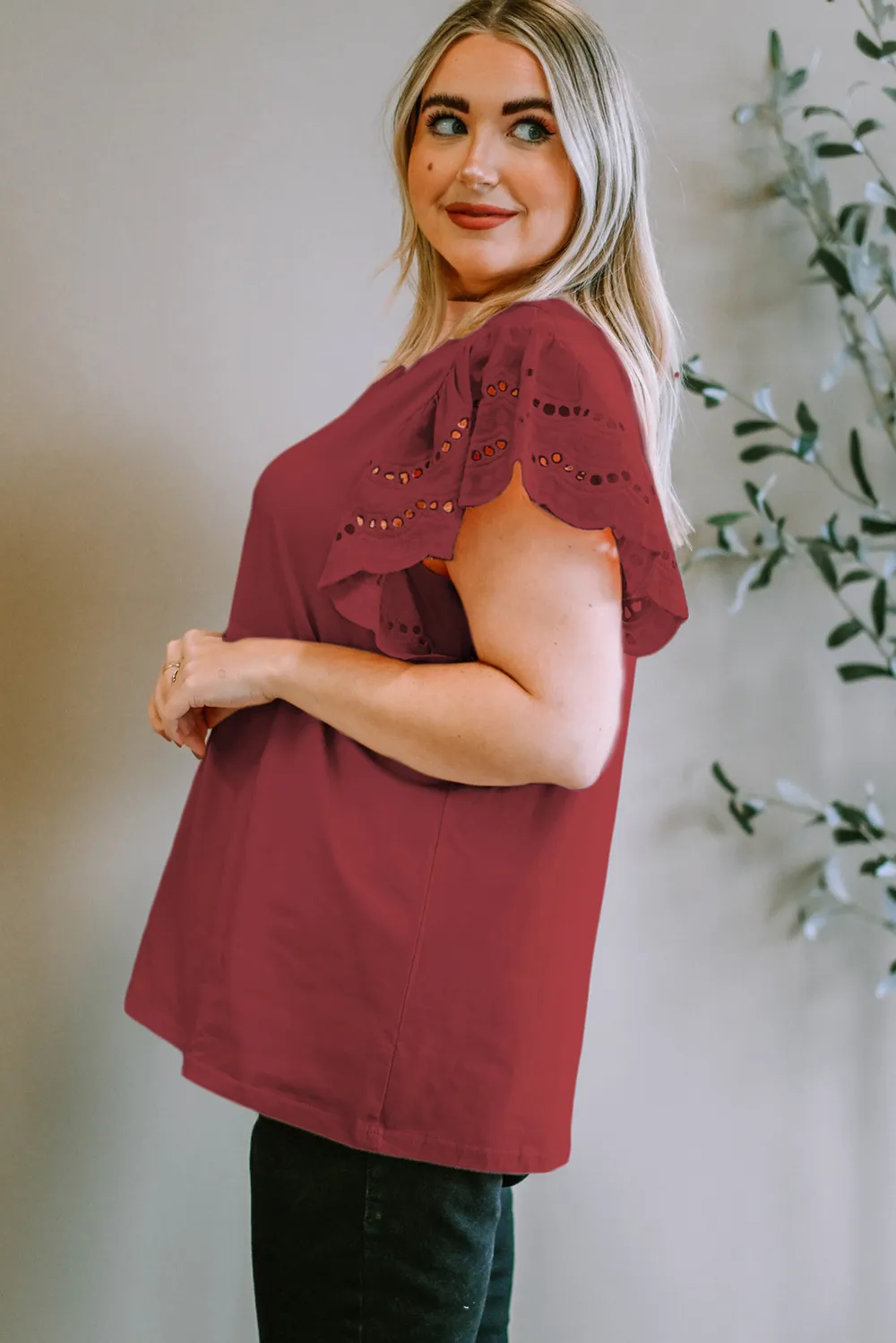 Plus Size Eyelet Round Neck Short Sleeve Blouse, image 13