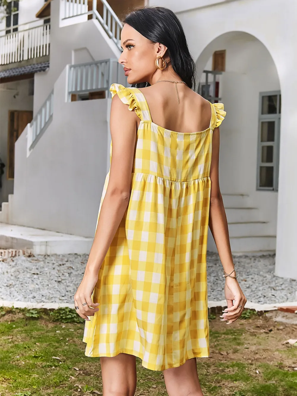 Ruffled Plaid Square Neck Mini Dress, image 2