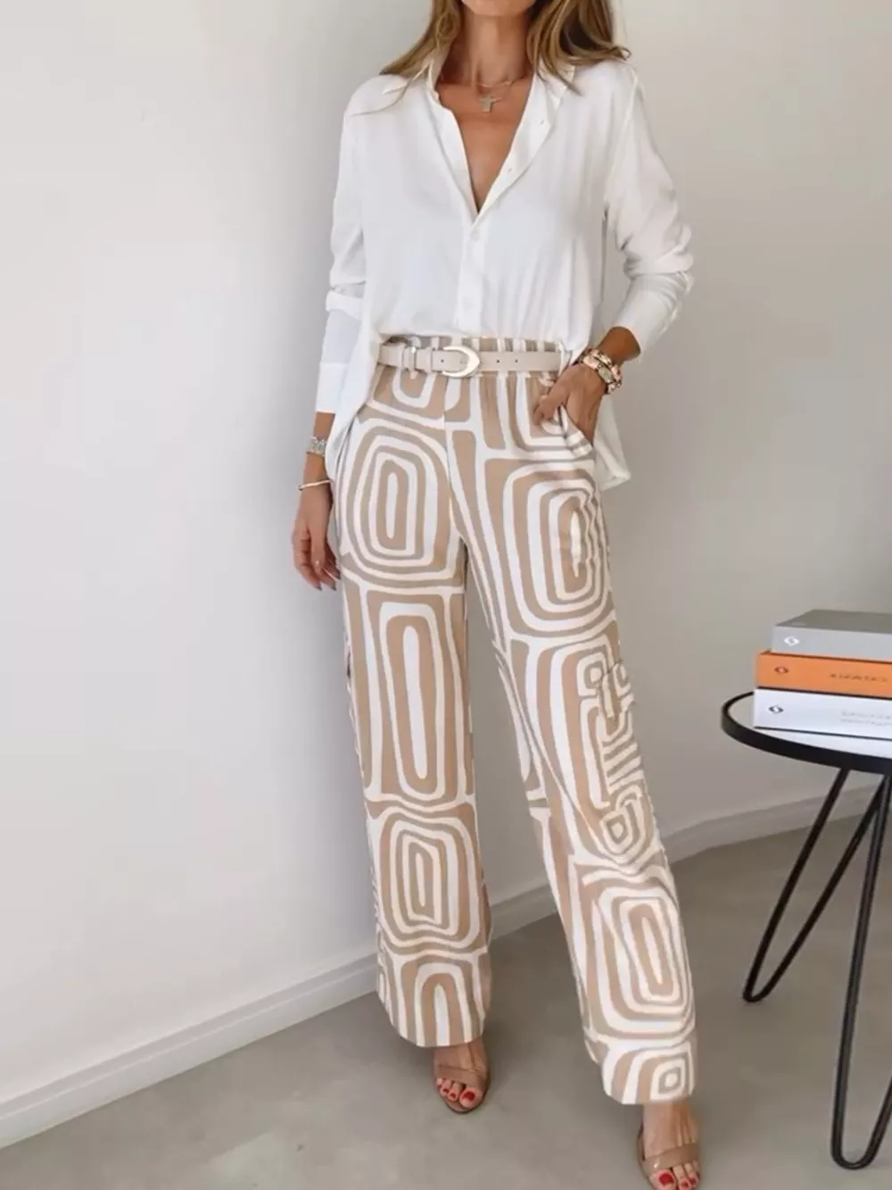 Full Size Chic Button-Down Shirt and Geometric Wide-Leg Pants Set Plus Size