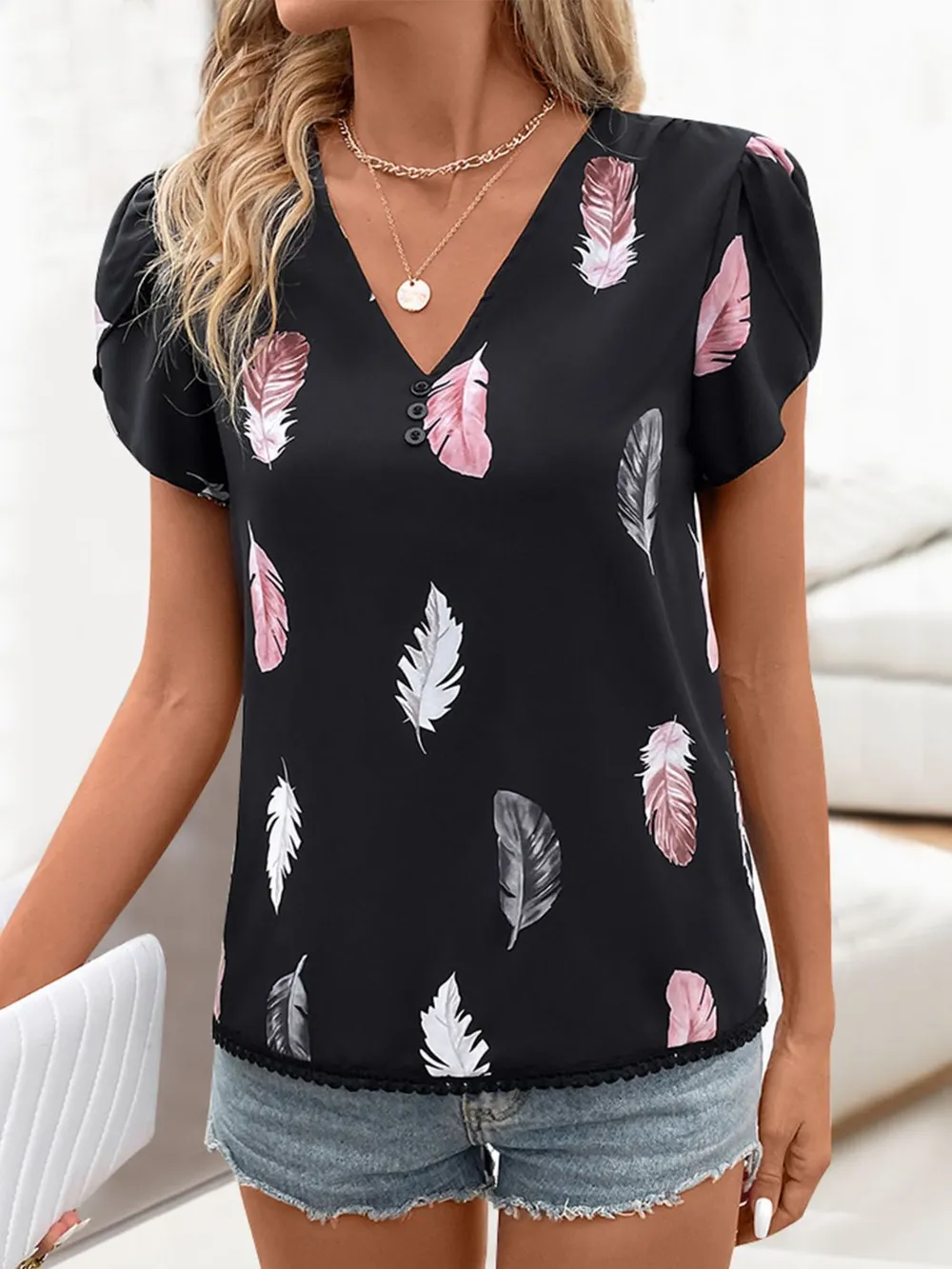 Printed V-Neck Short Sleeve Blouse, image 3