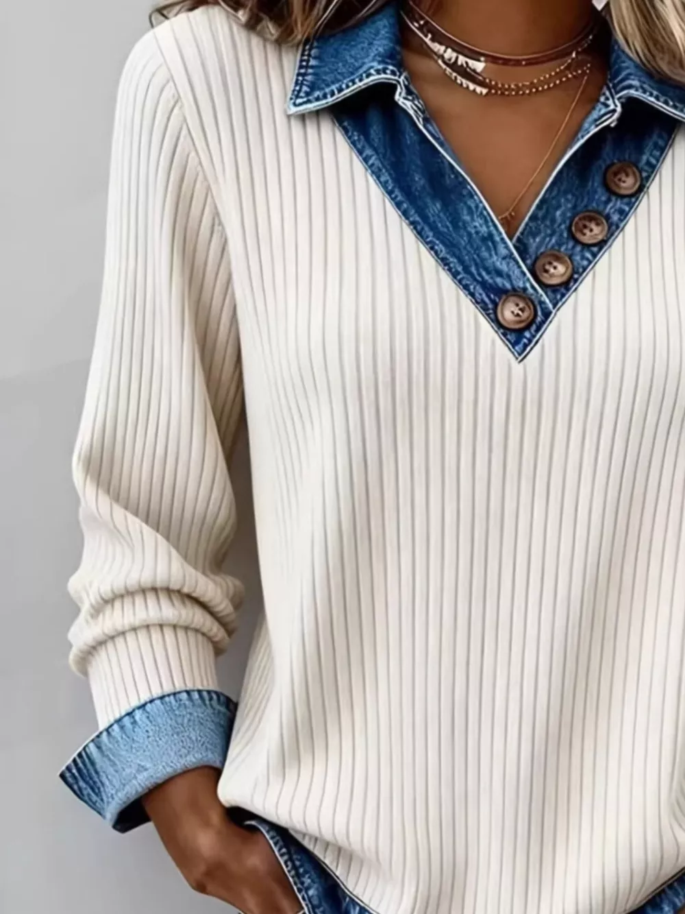 Ribbed Knit Denim Trim T-Shirt, image 4