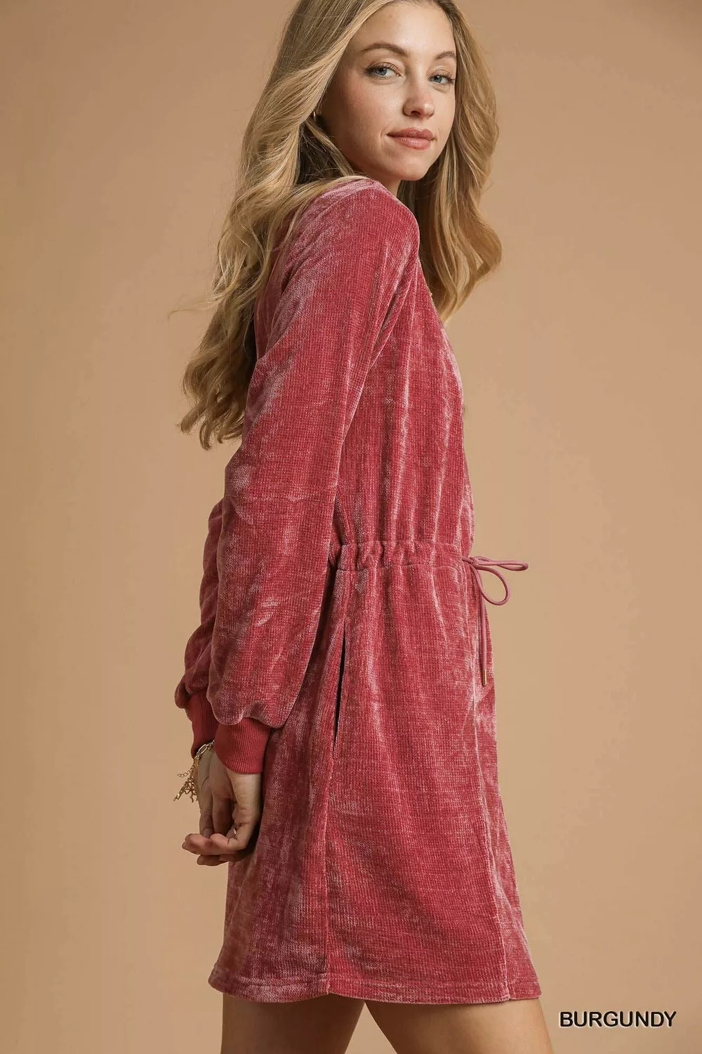 Velour Drawstring Mini Dress with Long Sleeves, image 2